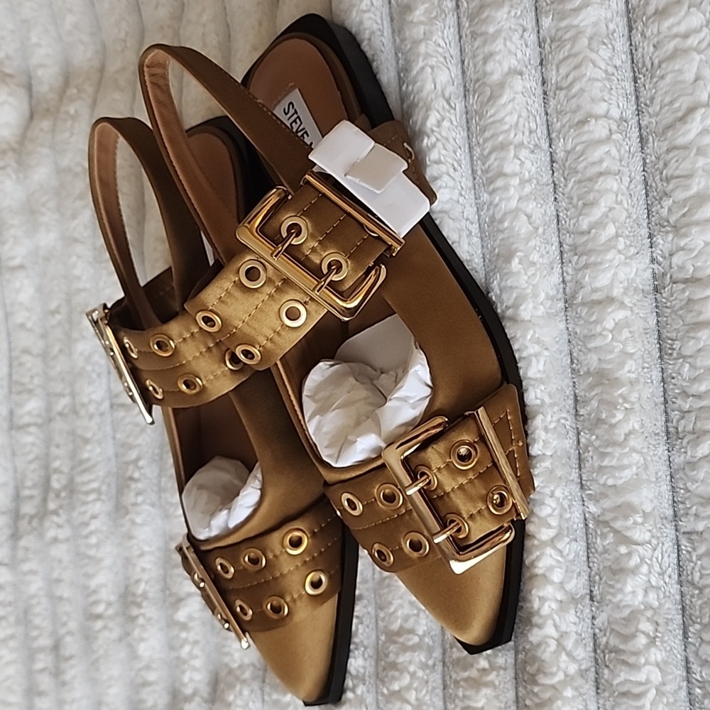 Steve Madden Graya Olive Green Satin Slingback Flats With Gold Hardware - Picture 3 of 6